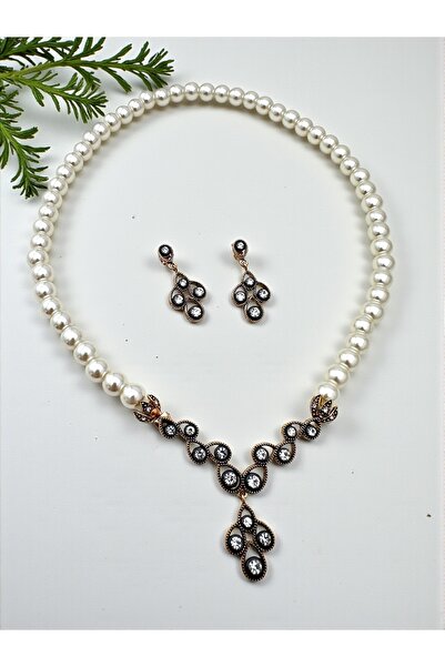 FUYA JEWELLERY Sıralı Damla İnci Kolye Küpe Set