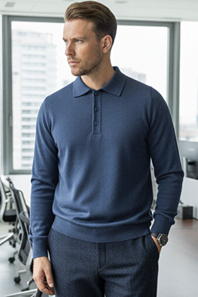 Millionaire سترة تريكو رجالية ذات ياقة بولو بأزرار باللون الأزرق النيلي، قطع قياسي، مصنوعة من مزيج الأكريليك، لا تسبب التكتل