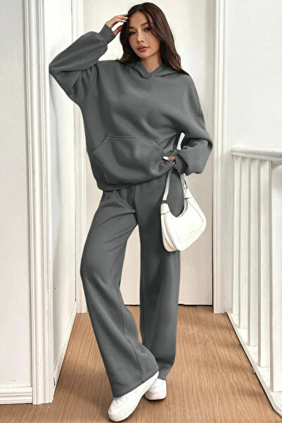 BARLİZ Women's Wide Leg Hooded 3-Thread Fleece-Lined Oversized Tracksuit Set