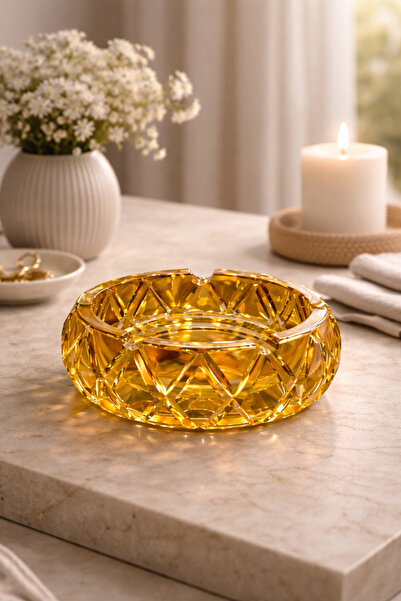 DİVAYS Bal Rengi Kristal Cam Küllük 10cm - Dekoratif Bombeli Tasarım Lüks Sal...