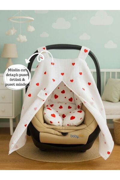 Pedimu Müslin Kalpli Kırmızı Cırt Detaylı Puset Örtüsü Ve Puset Minderi Set
