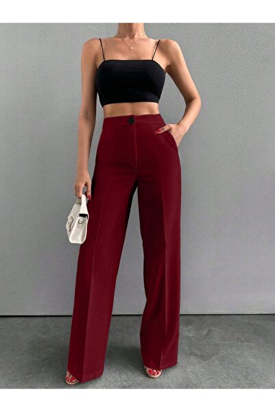 ROAVA Women's High Waist Wide Leg Fabric Milano Trousers Burgundy Color
