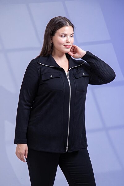 Roxxlen Büyük Beden Cepli - Fermuarlı Triko Gömlek