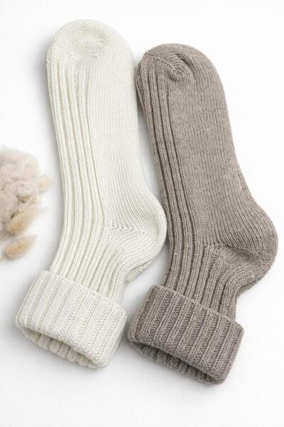 Sky Socks Set of 2 Wool Thick Winter Curly Brown-Ecru Unisex Socks