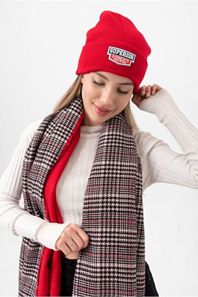 Kokoş Double-Sided Plaid Patterned Red Thick Shawl