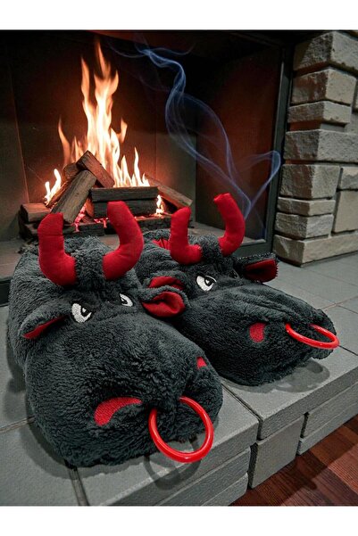Marblestone Pofuduk Boğa Figürlü Peluş Panduf - Kırmızı Boynuzlu Ve Burun Halkalı