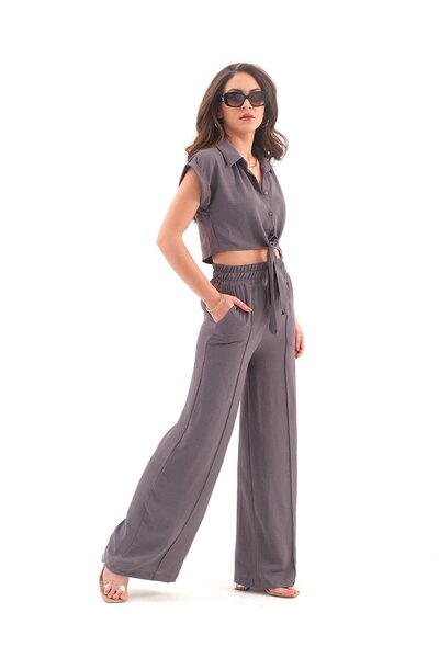 VELİZADE Women's Comfort Model Elastic Waist Pocketed Wide Leg Pants Polo Nec...