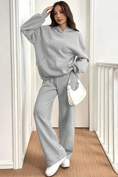 BARLİZ Women's Wide Leg Hooded 3-Thread Fleece-Lined Oversized Tracksuit Set