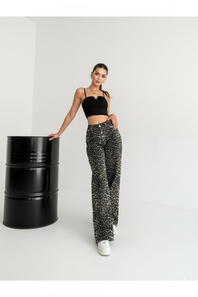 Modelmaster Yüksek Bel Leopar Desenli Kumaş Geniş Paça Pantolon