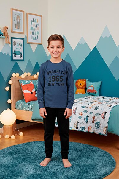 Kompedan Erkek Çocuk İnterlok Bisiklet Yaka Pijama Takımı | İndigo 112