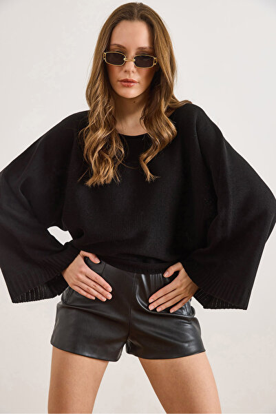 Olalook Kadın Siyah Kayık Yaka İspanyol Kol Triko Kazak KZK-19001108