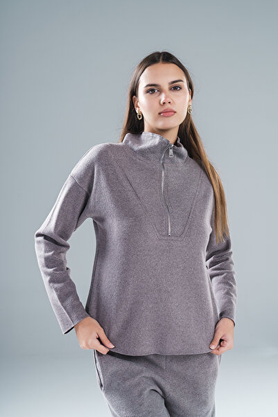 Paw Garage طقم نسائي من قماش سالونيك ياقة مرتفعة متوسطة الطول مكون من سروال بخياطة متقنة وسحاب نصفي