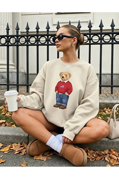 Aether Clothing Bear Printed Oversized Cut Long Sleeve Organic Cotton Sweatshirt