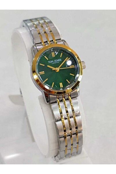 Tom Jones çelik kordonlu, altın sarılı, kadranı yeşil, su geçirmez, 2 yıl gar...
