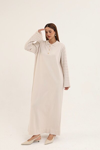 CELTMODA Women's Sleeve Detailed Shirt Collar Mercerized Dress - Ecru