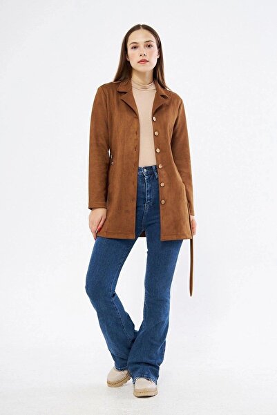 Zeta Group Women's Belted Pocket Detailed Relaxed Fit Suede Jacket Tan - Orange - Ilc2.65S01O-8K0-Tab