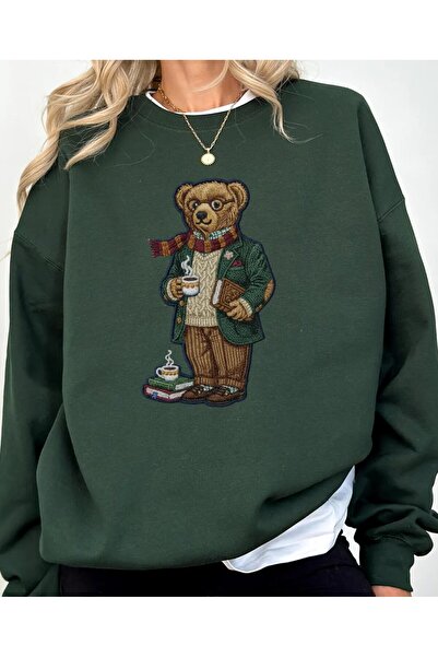 Aether Clothing سترة من القطن العضوي بأكمام طويلة من Bear مطبوع قصة فضفاضة