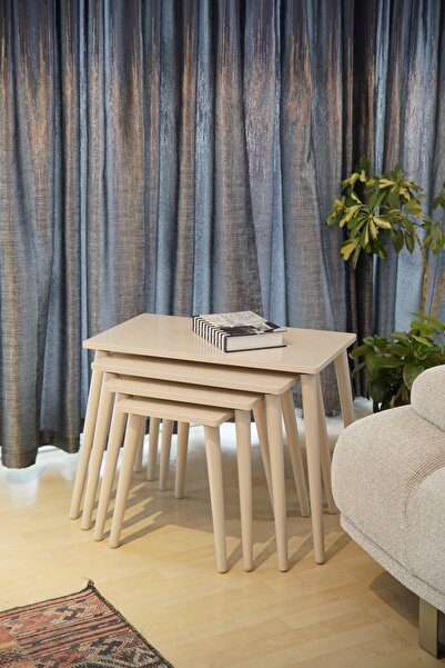 Luvimo 4lü Zigon Sehpa Krem Gümüş Desenli Lüx Mdf Full Lake Boya Parlak Cila ...