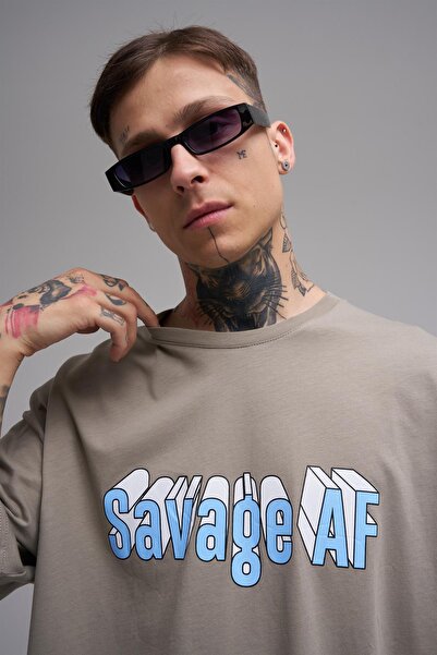 Machinist Unisex Oversized Savage Af Printed Cotton T-Shirt Khaki
