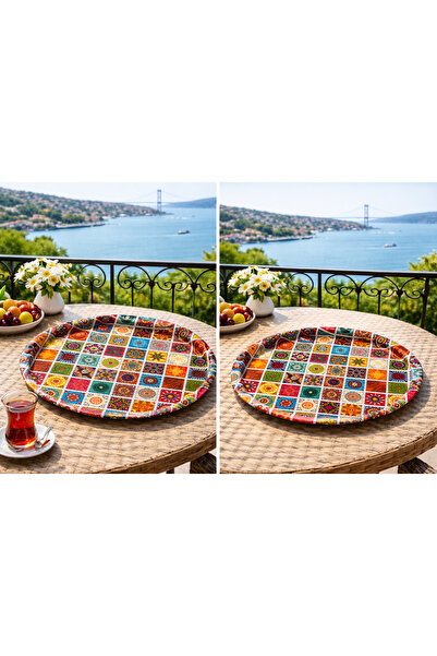 ATAGİFT HEDİYELİK Renkli Seramik Karo Desenli Yuvarlak Metal Çay Kahve Sunum ...