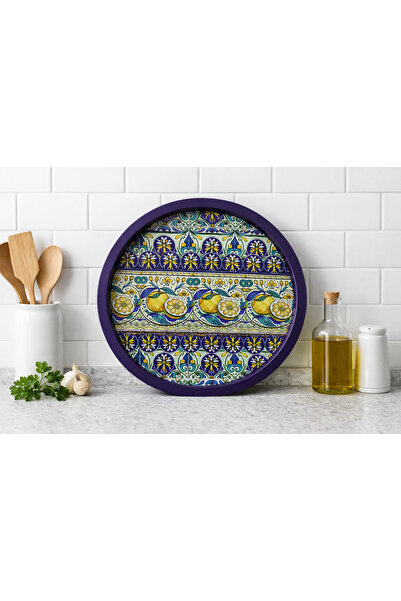 ATAGİFT HEDİYELİK Akdeniz Limon Desenli Yuvarlak Metal Çay Kahve Sunum Tepsis...