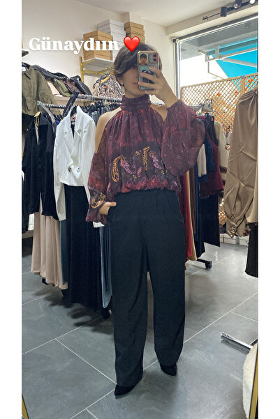 karpuzbutiks بلوزة شيفون منقوشة عالية الجودة مكشوفة الكتفين