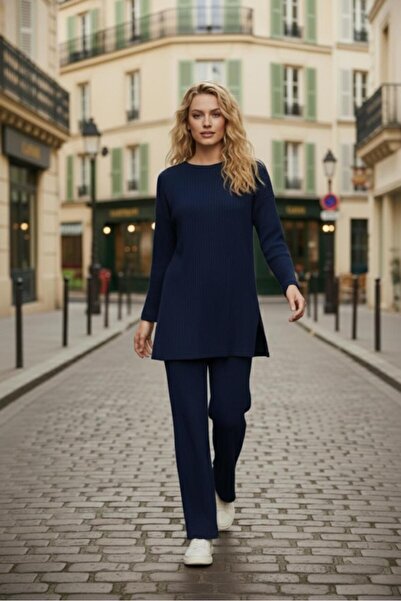 EYYE Cotton Ribbed Women's Blouse Trousers Double Set