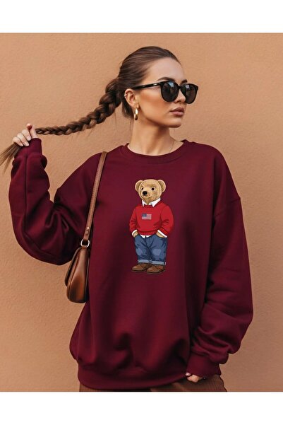 Aether Clothing سترة من القطن العضوي بأكمام طويلة من Bear مطبوع قصة فضفاضة