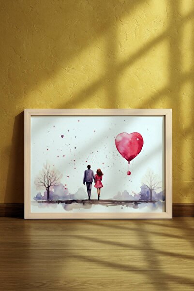 Suluboya Romantik Çift ve Kalp Balon Ahşap Çerçeveli Tablo – Aşk Teması | Pembe & Mor