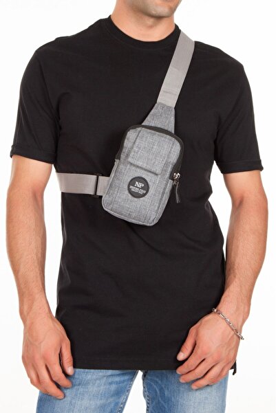 Newish Men's Linen Fabric Belgrat Crossbody Chest and Shoulder Bag with Phone Compartment - Gray