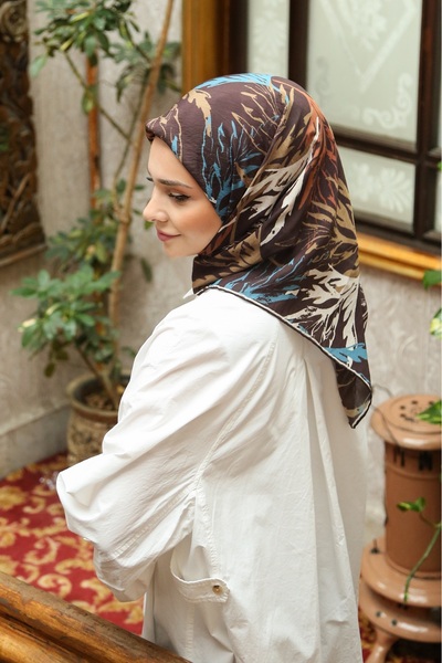 Tesettürnağme Eșarfă EcoZen TN2105 Motiv Floral 01-Taba-Albastru-Ecru