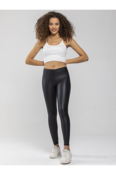 TÜCCAR UMUT Kadın Siyah Deri Görünümlü Esnek Parlak Tayt