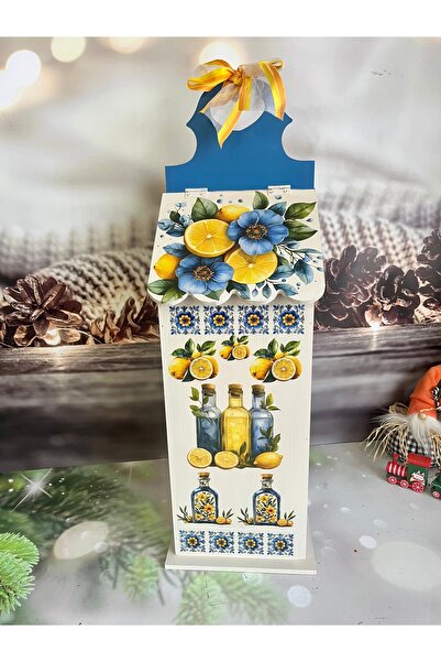 Bypinaryuksel Lemon and Flower Patterned Wooden Bag Holder