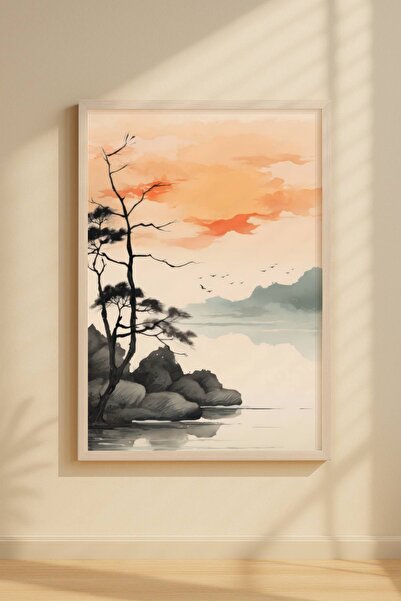 Artiqa Zen Günbatımı ve Çam Ağacı Ahşap Çerçeveli Tablo – Japon Sanatı | Sumi...