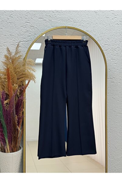 MİHRA STORE إيلانور حواف أسطوانية واسع الأرجل بنطلون-MT4722 أزرق داكن