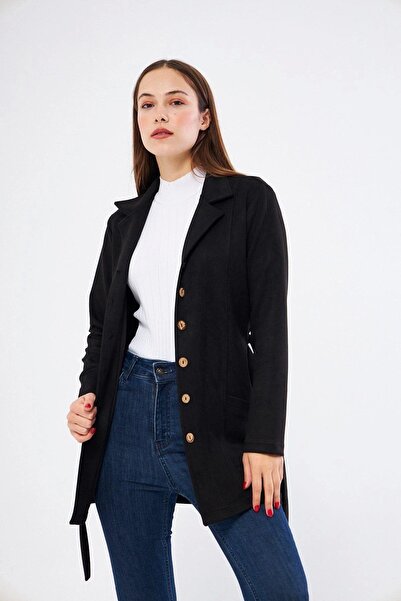 Astra Plus Women's Belted Pocket Detailed Relaxed Fit Suede Jacket Black - Black - Astps65U01S-8Q0-Si