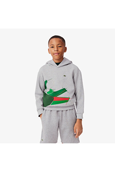 Lacoste Çocuk Kapüşonlu Baskılı Gri Sweatshirt