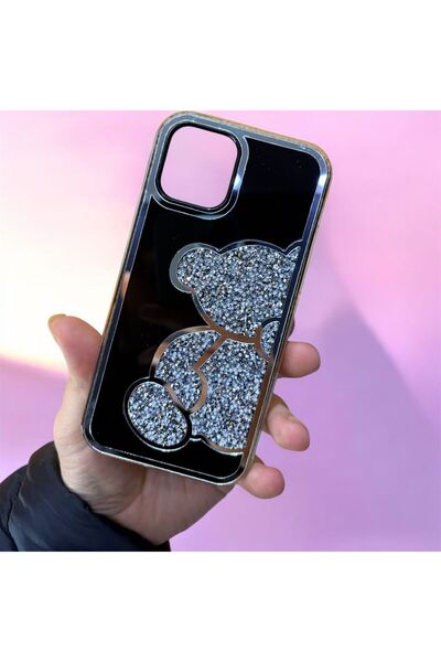 Poyem Aksesuar حافظة آيفون 12-12 برو مع شكل دمية دب لامعة مرصعة بالأحجار