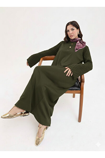 CELTMODA Women's Sleeve Detailed Shirt Collar Mercerized Dress - Khaki