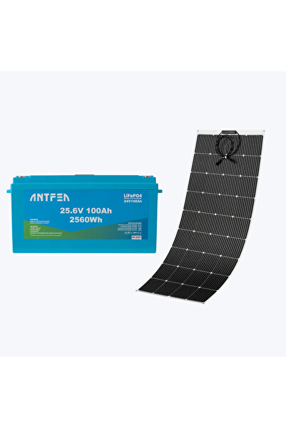 Antfea 25.6V 100Ah ABS Lityum Akü LiFePo4 + 200W esnek Güneş Paneli