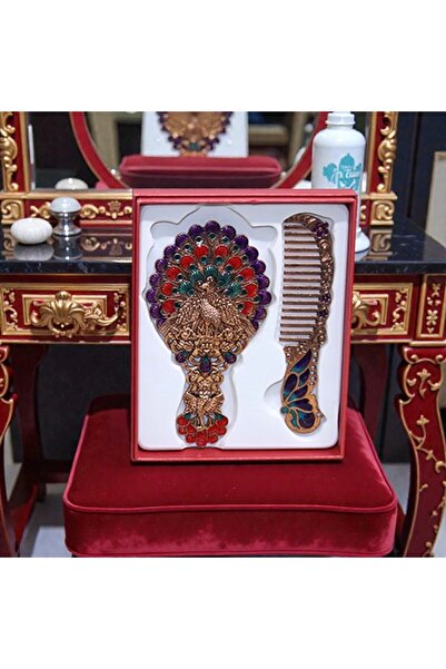 Kuzey Tacı طقم مشط هدية مطرز بطائر الطاووس الأسطوري مع علبة خاصة فاخرة صغيرة الحجم