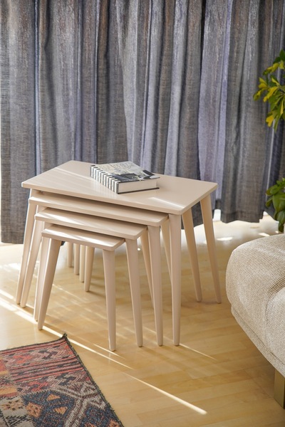 Luvimo 4lü Zigon Sehpa Krem Lüx Mdf Full Lake Boya Parlak Cila Gürgen Ayak Zi...