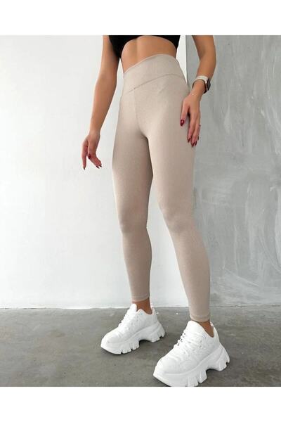 TÜCCAR UMUT Μπεζ ριμπ κολάν, ψηλόμεσο ριγέ αθλητικά καθημερινά γυναικεία κολά...