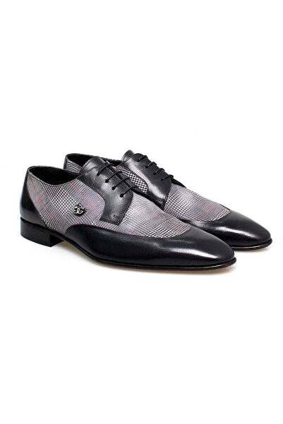 FRANCO CALVANI Dark Blue Color Lace-Up Plaid Genuine Leather Men's Shoes
