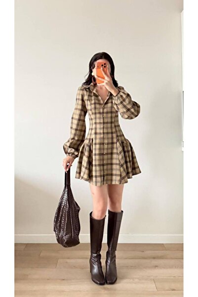 LOCH BUTİK Kadın Kahverengi Düğmeli Uzun Kollu Ekoseli Gömlek Elbise