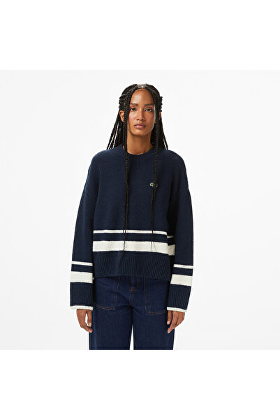 Lacoste Kadın Loose Fit Bisiklet Yaka Çizgili Lacivert Kazak
