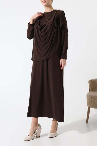 Sabr Sandy Drapeli Omuz Düğme Detaylı Uzun Elbise