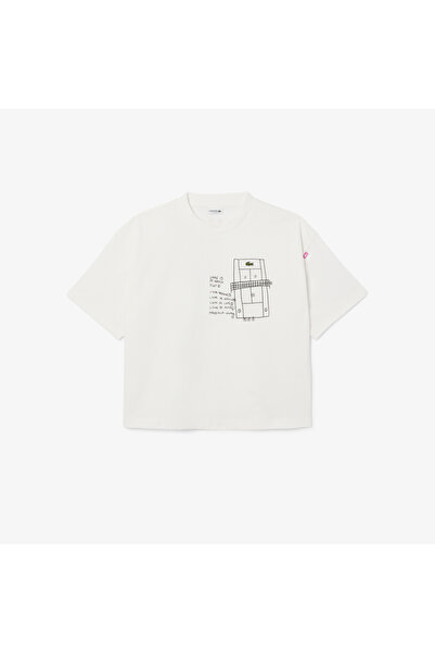 Lacoste Kız Çocuk Bisiklet Yaka Baskılı Beyaz T-Shirt
