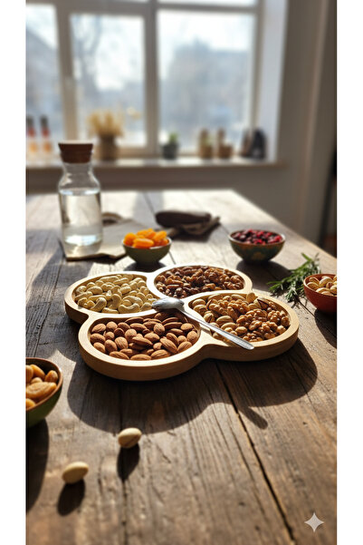 YUVAM CONCEPT Bambu 4 Bölmeli Yonca Formlu Kahvaltılık Kuruyemişlik Çerezlik Sunum Tahtası Çerez Tabağı 20x20 Cm