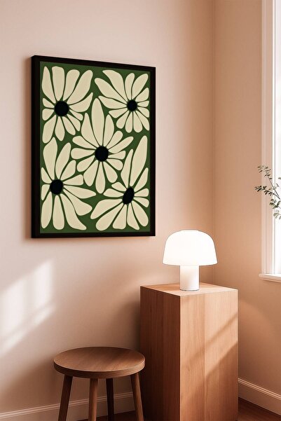 Mid-Century Yeşil Çiçek Deseni Siyah Çerçeveli Tablo – Pop Art Floral | Yeşil & Krem